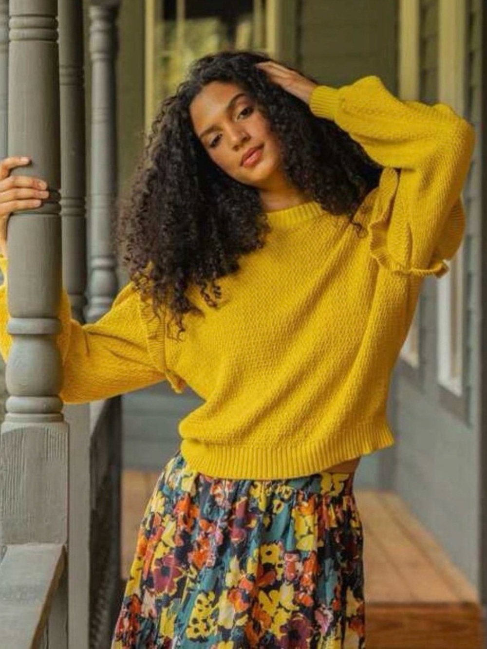 Cleobella Sunflower Citron Yellow Ruffle Balloon Sleeve Crew Knit Sweater Small